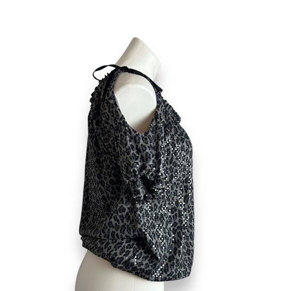 Express Top Sz M Animal Leopard Print Sequins Black Gray Mob Wife Y2K Glam Rock - Picture 11 of 13